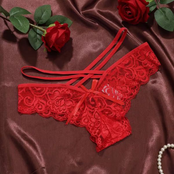 Lace Thongs - Semi-Sheer Bow Bow Panties with Thin Strap -String Underwear
