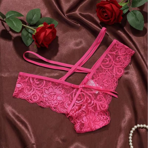 Lace Thongs - Semi-Sheer Bow Bow Panties with Thin Strap -String Underwear