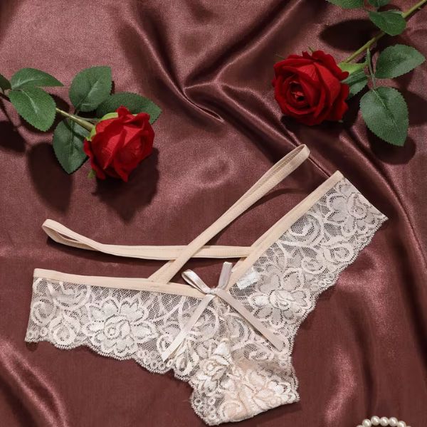 Lace Thongs - Semi-Sheer Bow Bow Panties with Thin Strap -String Underwear