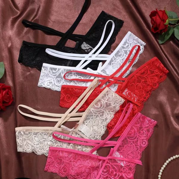 Lace Thongs - Semi-Sheer Bow Bow Panties with Thin Strap -String Underwear