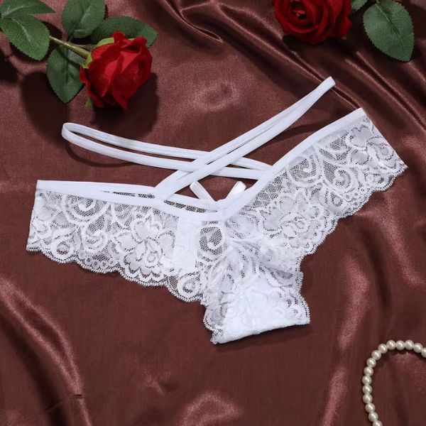 Lace Thongs - Semi-Sheer Bow Bow Panties with Thin Strap -String Underwear